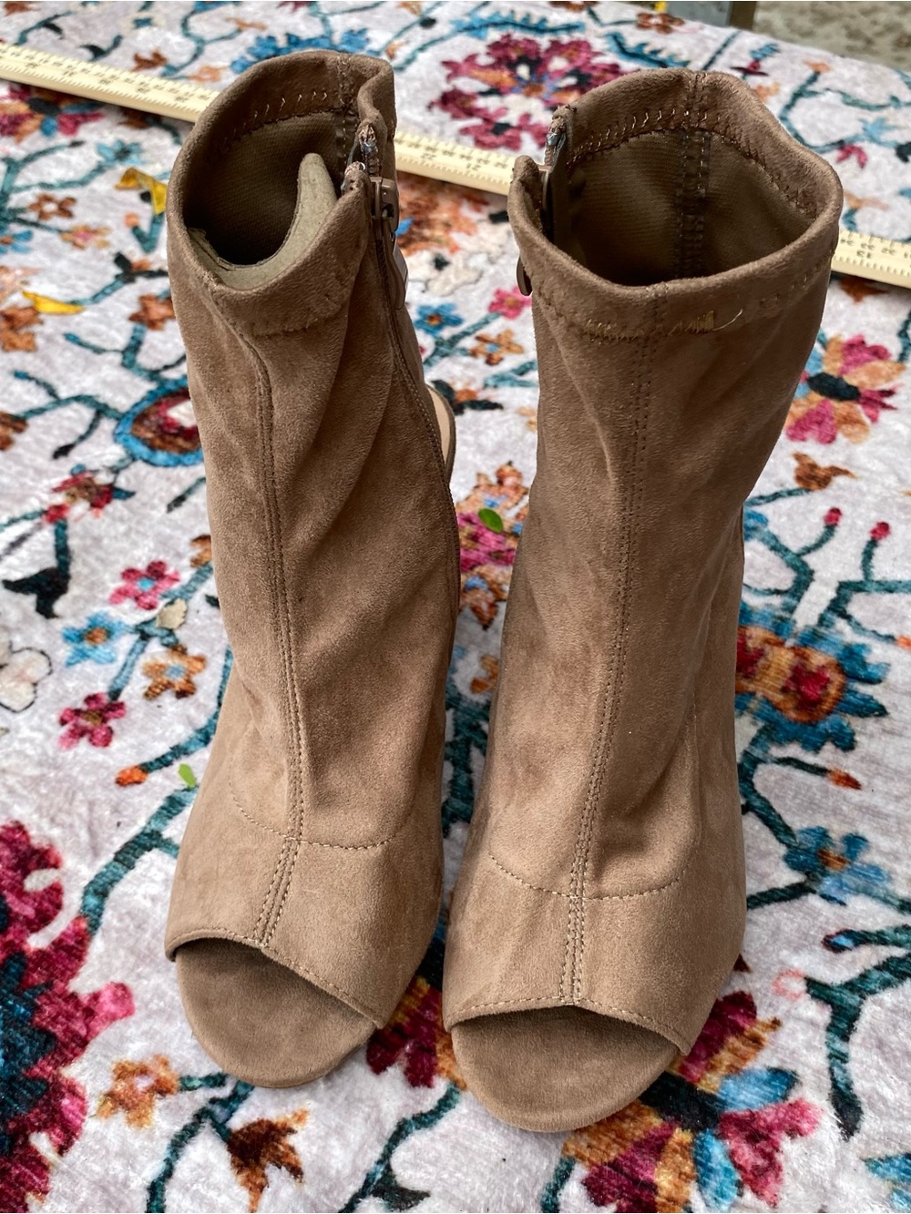 TOP Moda Tan Suede Peep-Toe Ankle Heeled Boots